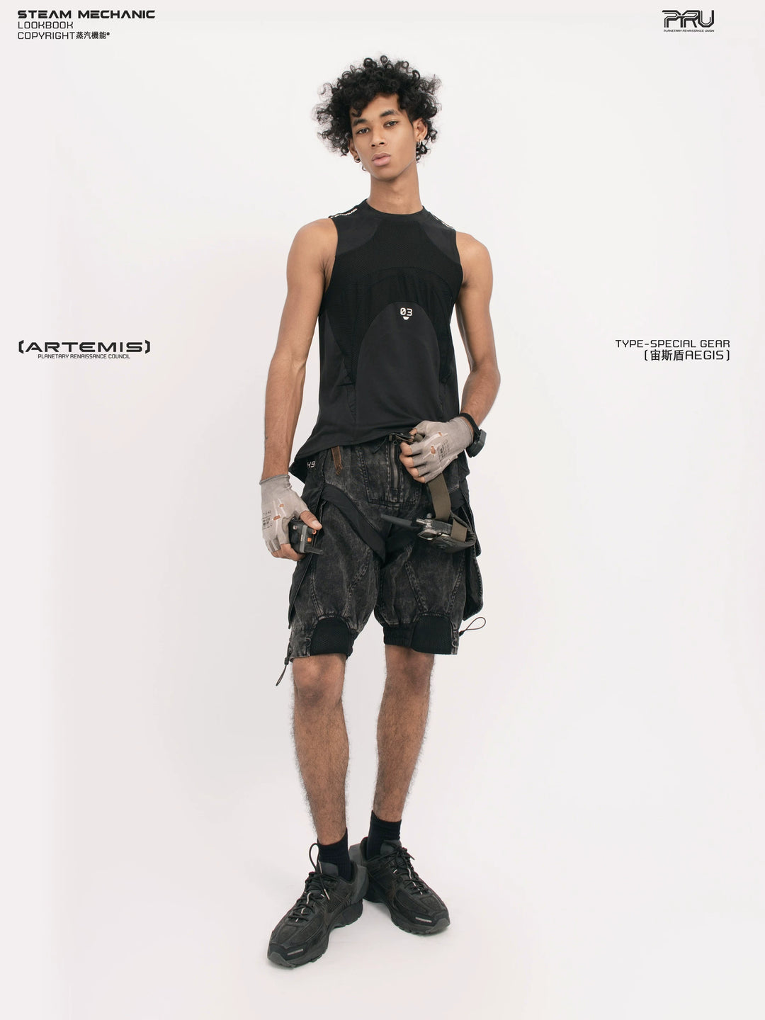 AEGIS blackbird black distressed mesh tank — alternate modeled angle