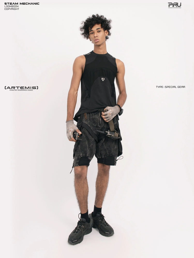 AEGIS blackbird black distressed mesh tank — full-length front modeled view with tilted head and hand at hem
