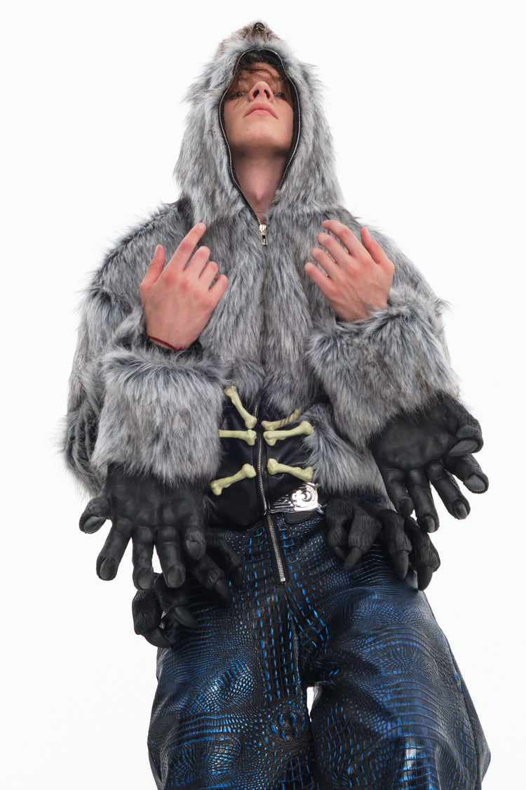 EMBRYO ANIMAL SHELL hooded faux-fur jacket — alternate modeled angle