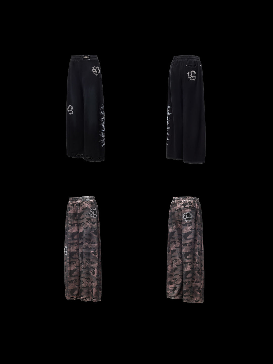 PINKSPINK CATPAW rhinestone curved-leg sweatpants in black and gray-brown camouflage — garment-only front and back comparison on a clean black background