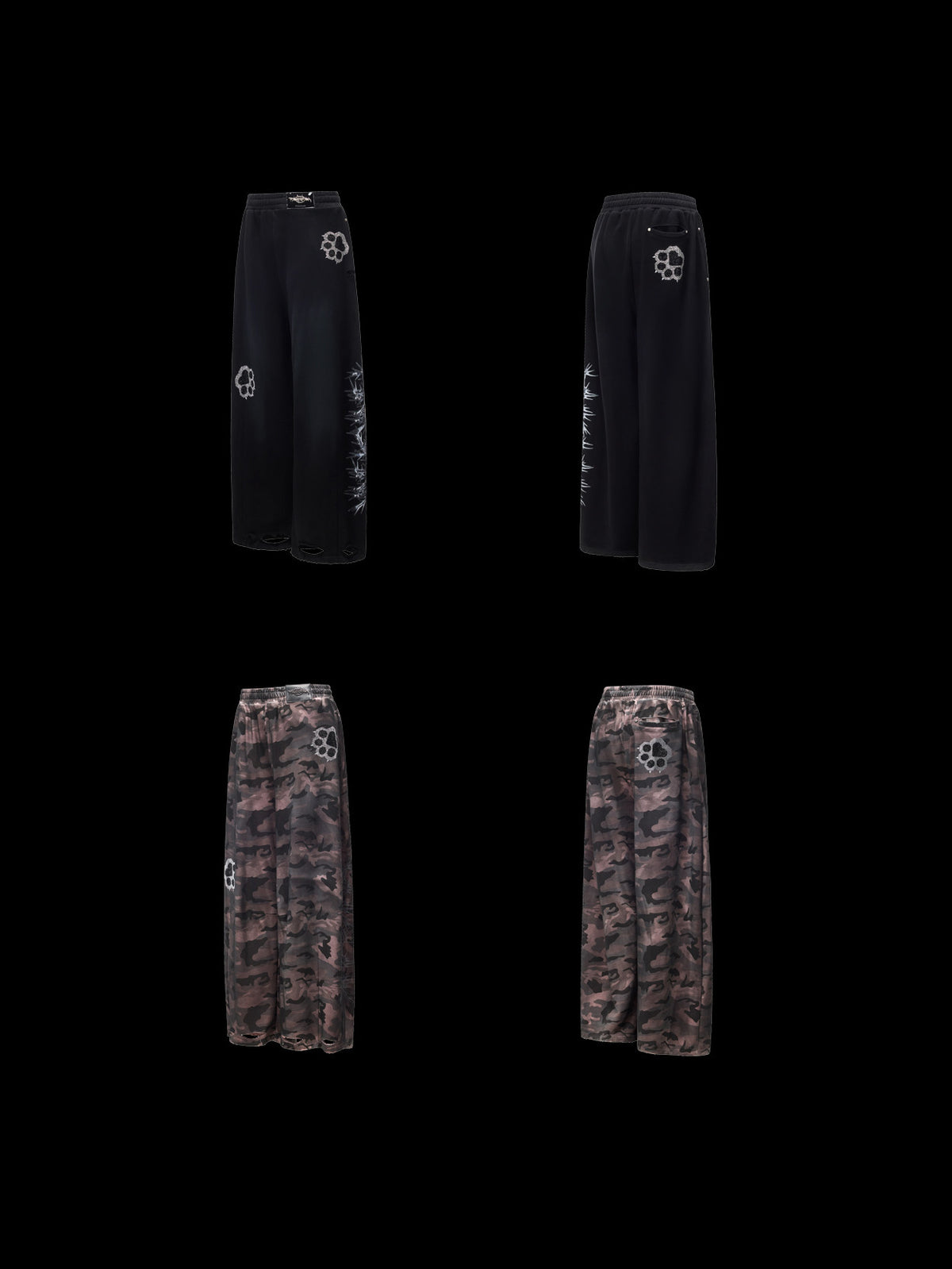 PINKSPINK CATPAW rhinestone curved-leg sweatpants in black and gray-brown camouflage — garment-only front and back comparison on a clean black background