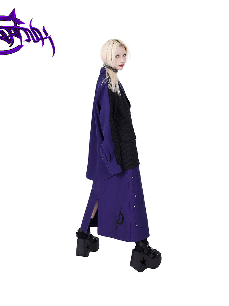PINKSPINK DNA reconstructed multi-pocket denim maxi skirt — side modeled view showing the back slit and crescent emblem