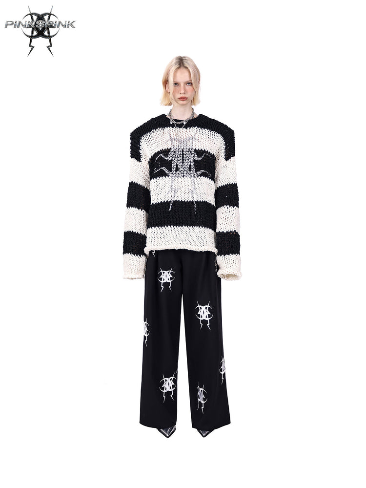 PINKSPINK MIRROR striped open-knit padded-shoulder sweater in black white stripes — front full-length modeled view corresponding to the hero photograph