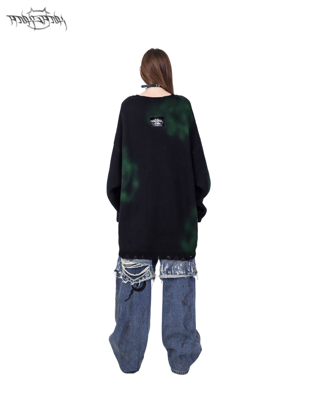 PINKSPINK ELECTRIC MOON graffiti color-block sweater — modeled front styling view
