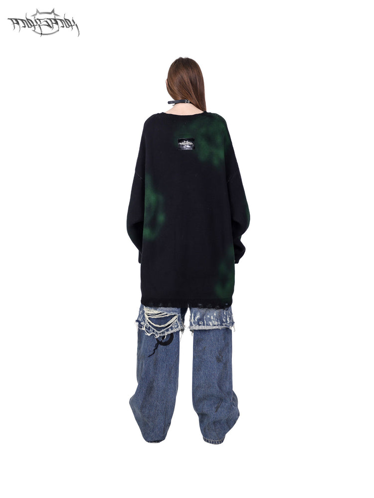 PINKSPINK ELECTRIC MOON graffiti color-block sweater — modeled front styling view