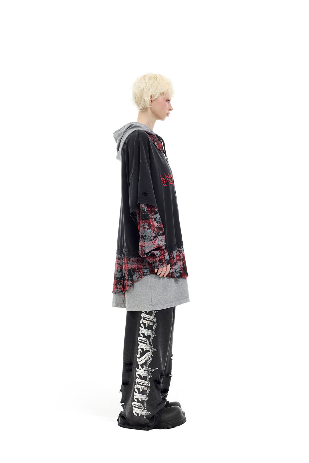 PINKSPINK REMAKE triple-layer plaid hoodie — black and red plaid hoodie — side view with hood down