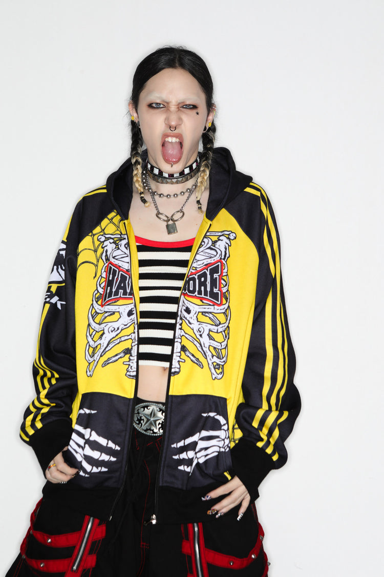 DeadEndKids Hardcore Generation skeleton zip-up hoodie — modeled front expression