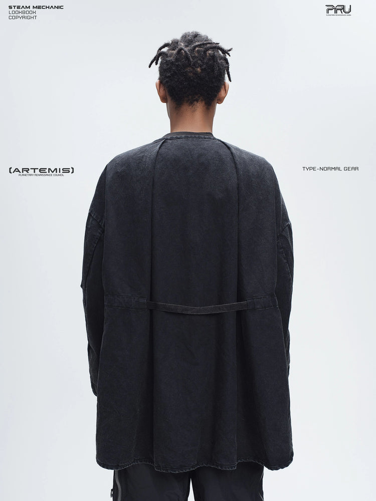 GAIA night black priest zip robe jacket — back modeled view showing the waist strap and broad silhouette
