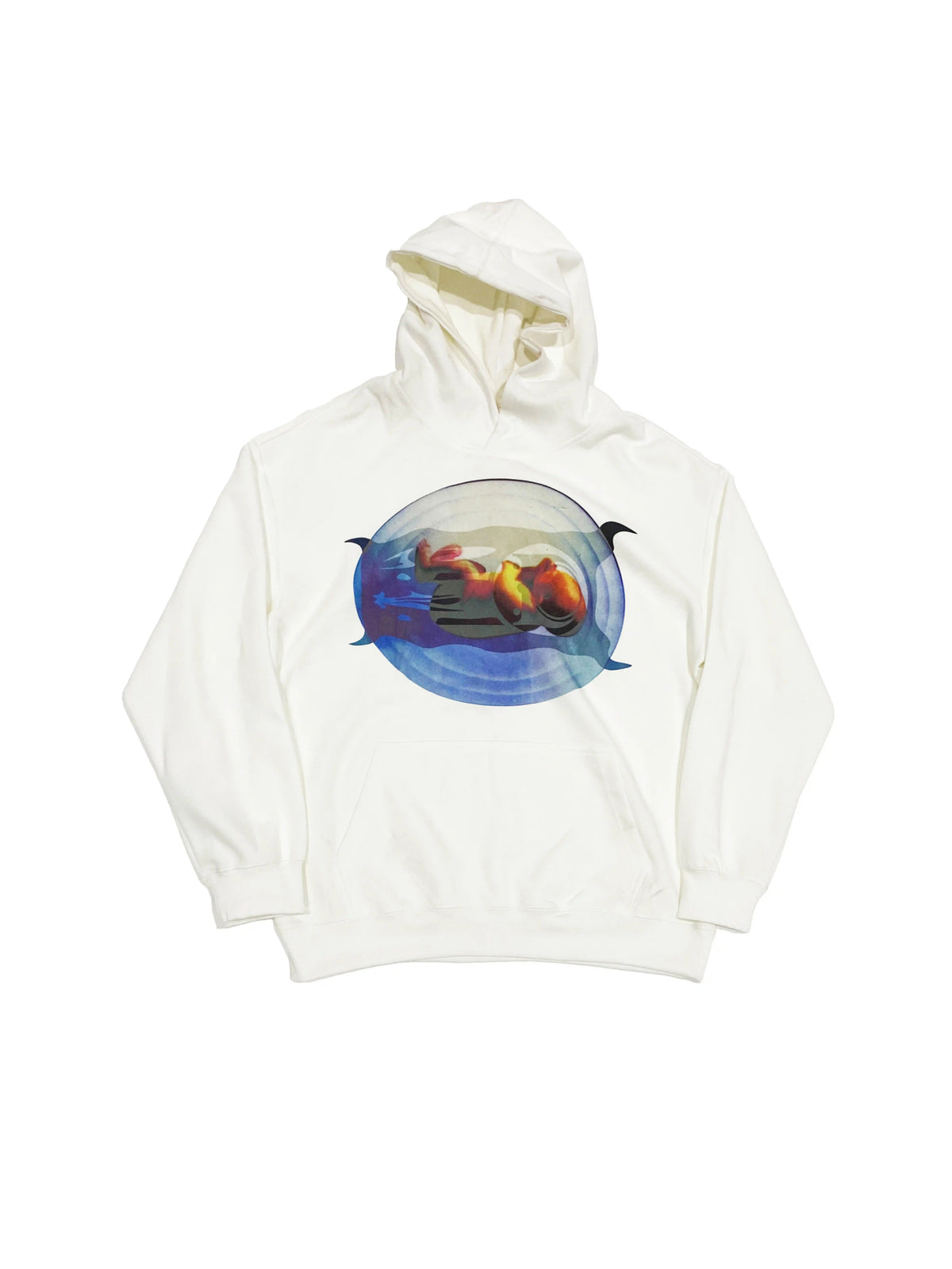 EMBRYO PLAN white graphic hoodie — construction detail