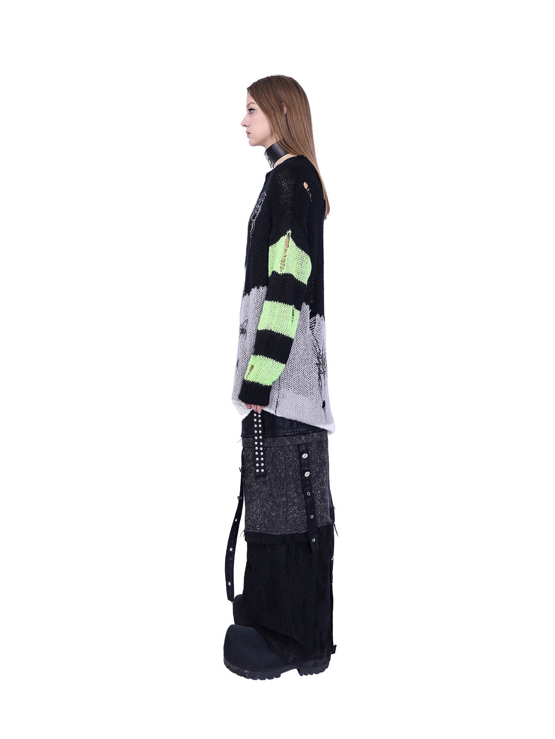 PINKSPINK SPHYNX distressed striped graphic sweater — black-green graphic sweater — side view showing striped sleeve