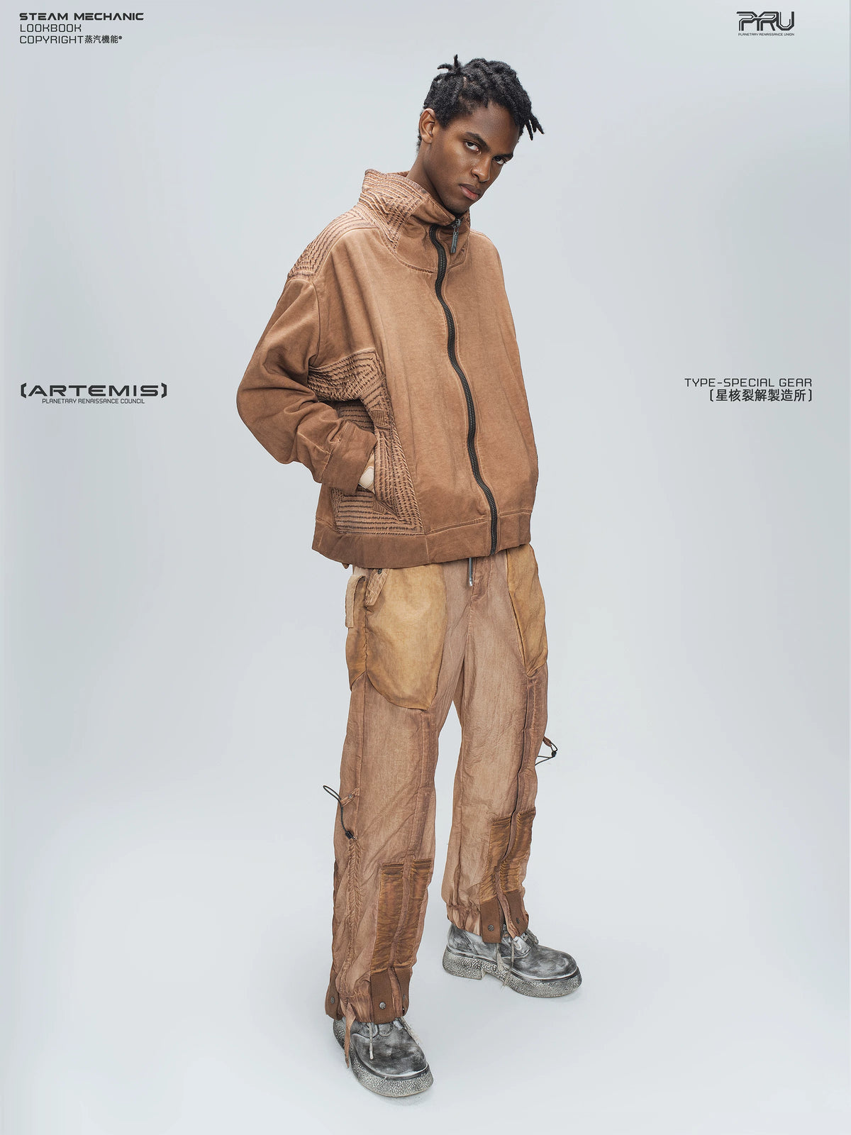 STARCORE venus orange engineer utility pants — material and silhouette detail