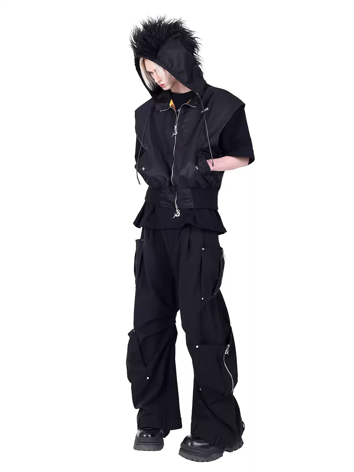 PINKSPINK FIRE CAT reversible mohawk hooded vest — modeled front styling view
