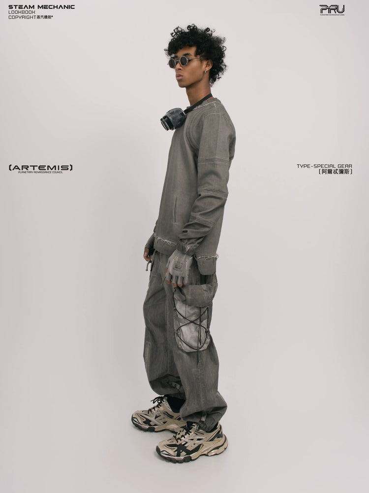 CHAOS ERA moon dust gray raw-edge long-sleeve top — rear modeled view