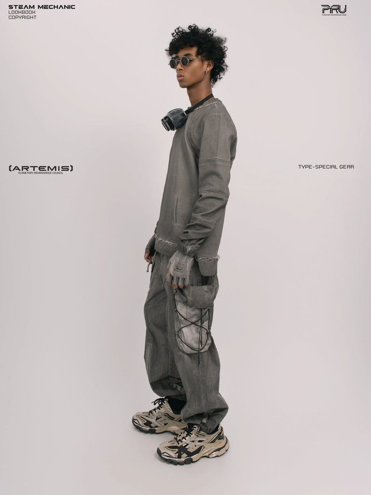 CHAOS ERA moon dust gray raw-edge long-sleeve top — full-length profile view