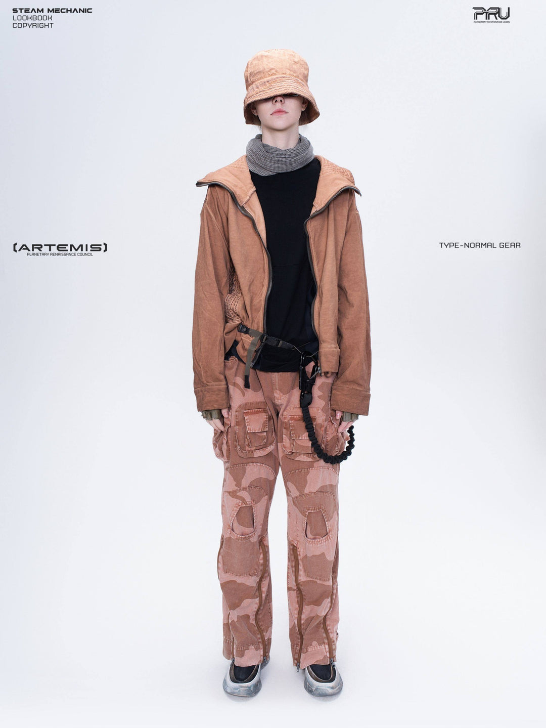 IXION washed camouflage combat pants in dune red — full-length front styling view with a coordinated jacket