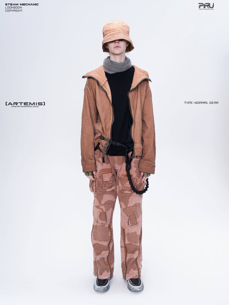 IXION washed camouflage combat pants in dune red — full-length front styling view with a coordinated jacket