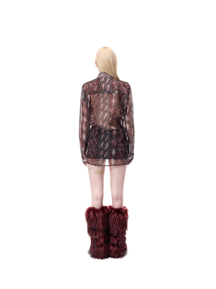 PINKSPINK VENOM rhinestone mesh shirt and mini skirt set in black and red — full rear view showing the sheer shirt over the matching mini skirt