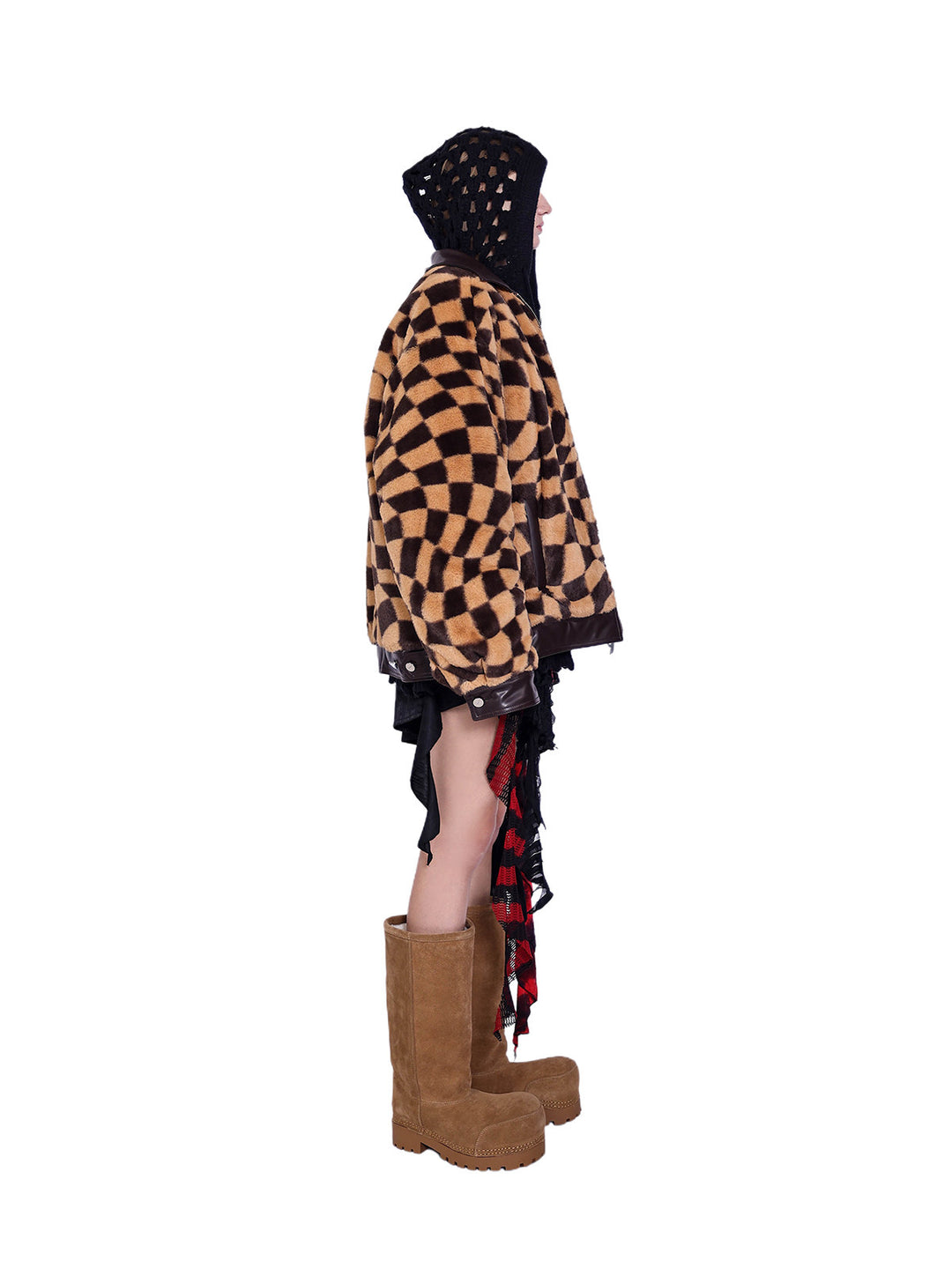 PINKSPINK WARPED checkerboard padded faux-fur jacket — caramel brown checkerboard jacket — side view with hooded-layer styling