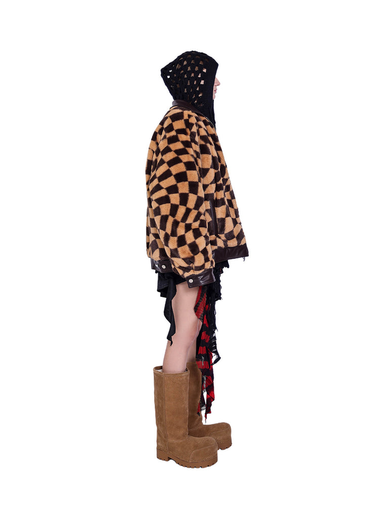 PINKSPINK WARPED checkerboard padded faux-fur jacket — caramel brown checkerboard jacket — side view with hooded-layer styling