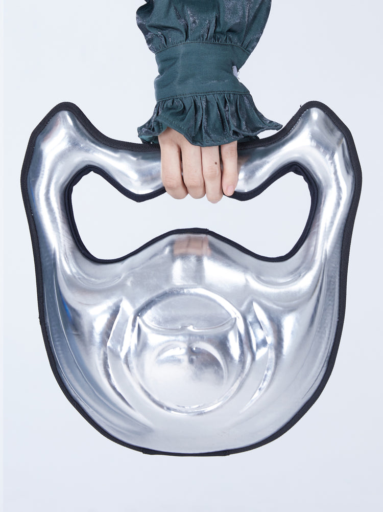 EMBRYO GRAVITY sculptural 3D handbag — silver garment-only front view