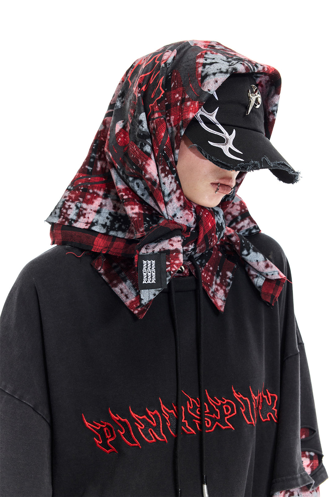 PINKSPINK REMAKE red-plaid bandana top / headscarf — catalog view showing the design and silhouette