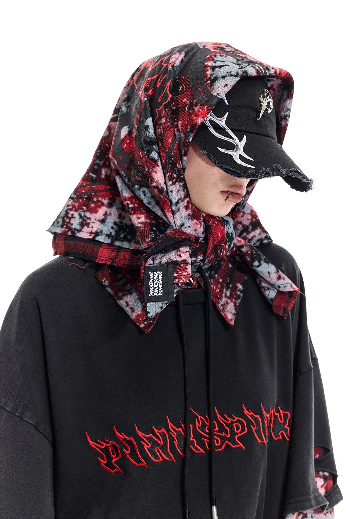 PINKSPINK REMAKE red-plaid bandana top / headscarf — catalog view showing the design and silhouette