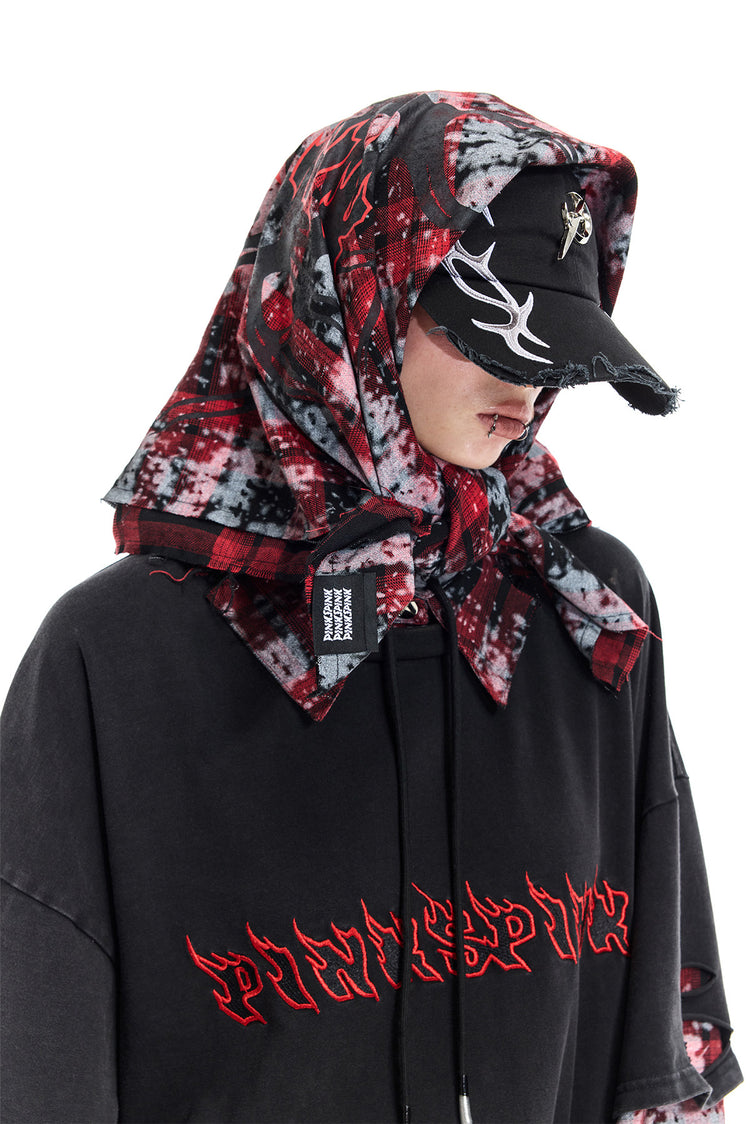 PINKSPINK REMAKE red-plaid bandana top / headscarf — catalog view showing the design and silhouette