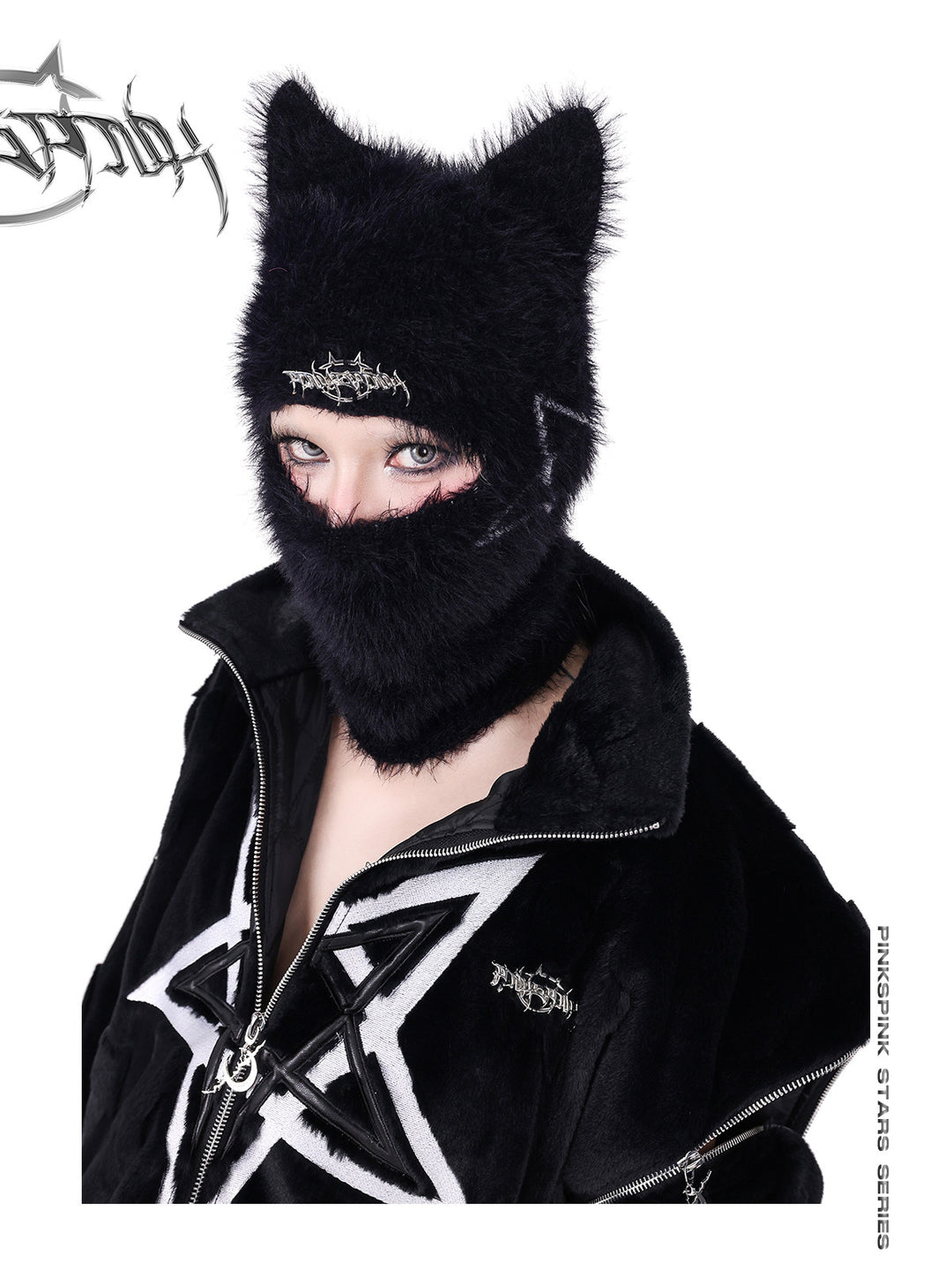 PINKSPINK PENTAGRAM cat-ear knit balaclava — full-length modeled styling view