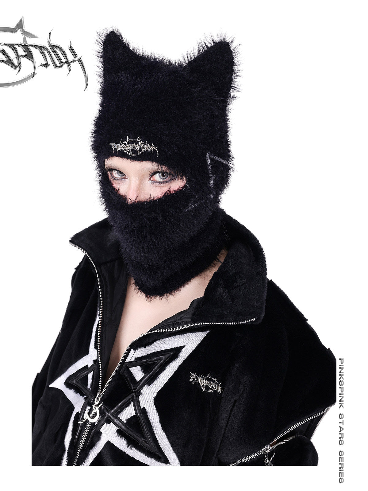 PINKSPINK PENTAGRAM cat-ear knit balaclava — full-length modeled styling view