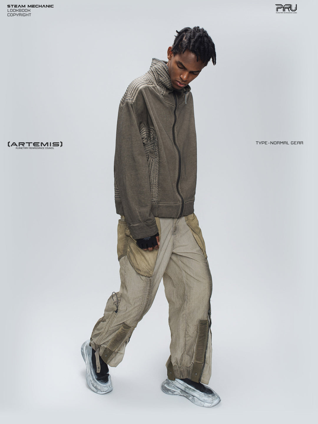 PIONEER mercury brown distressed protection zip jacket — material and silhouette detail
