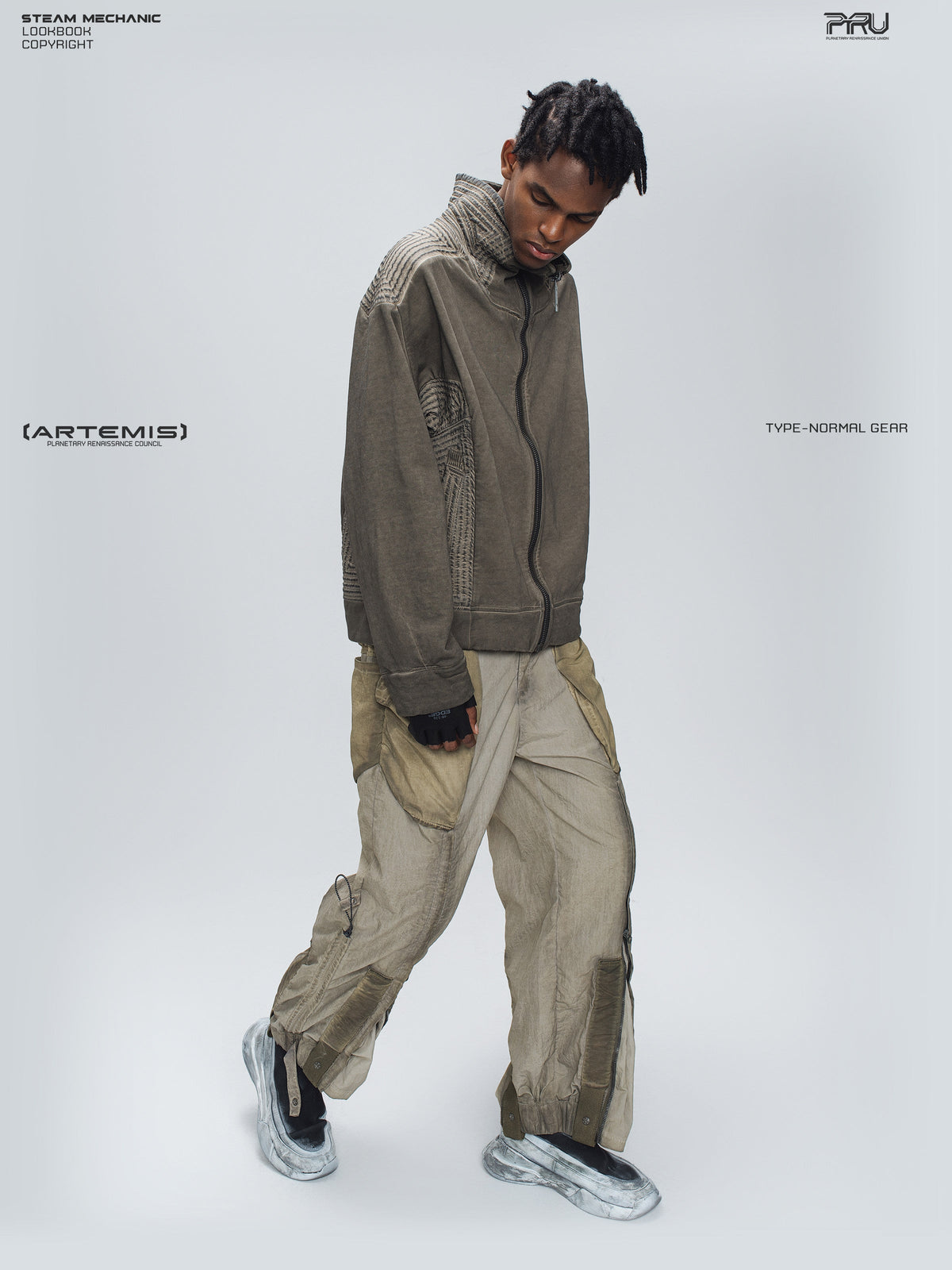 PIONEER mercury brown distressed protection zip jacket — material and silhouette detail