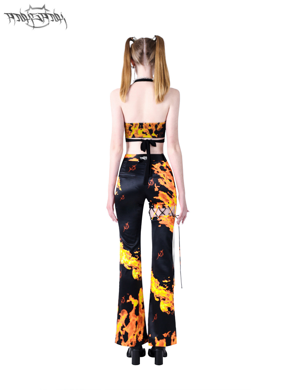 PINKSPINK FLAME halter crop top — black full-length back modeled view