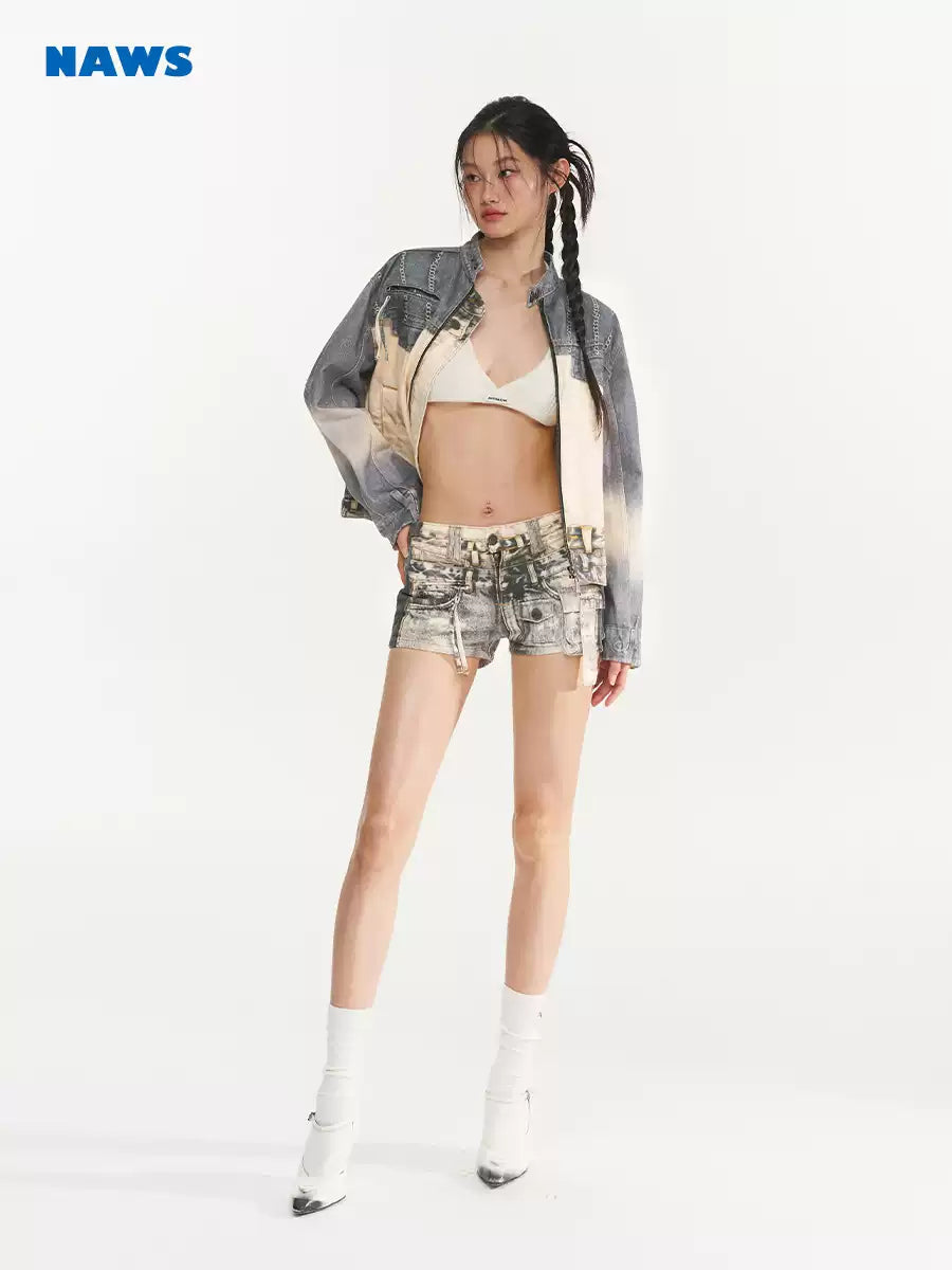 NAWS PRINTLAB multi-pocket denim shorts — modeled front styling view