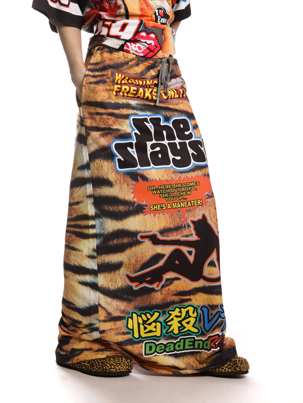 DEADENDKIDS TIGER RIOT graphic maxi skirt — rear or construction presentation