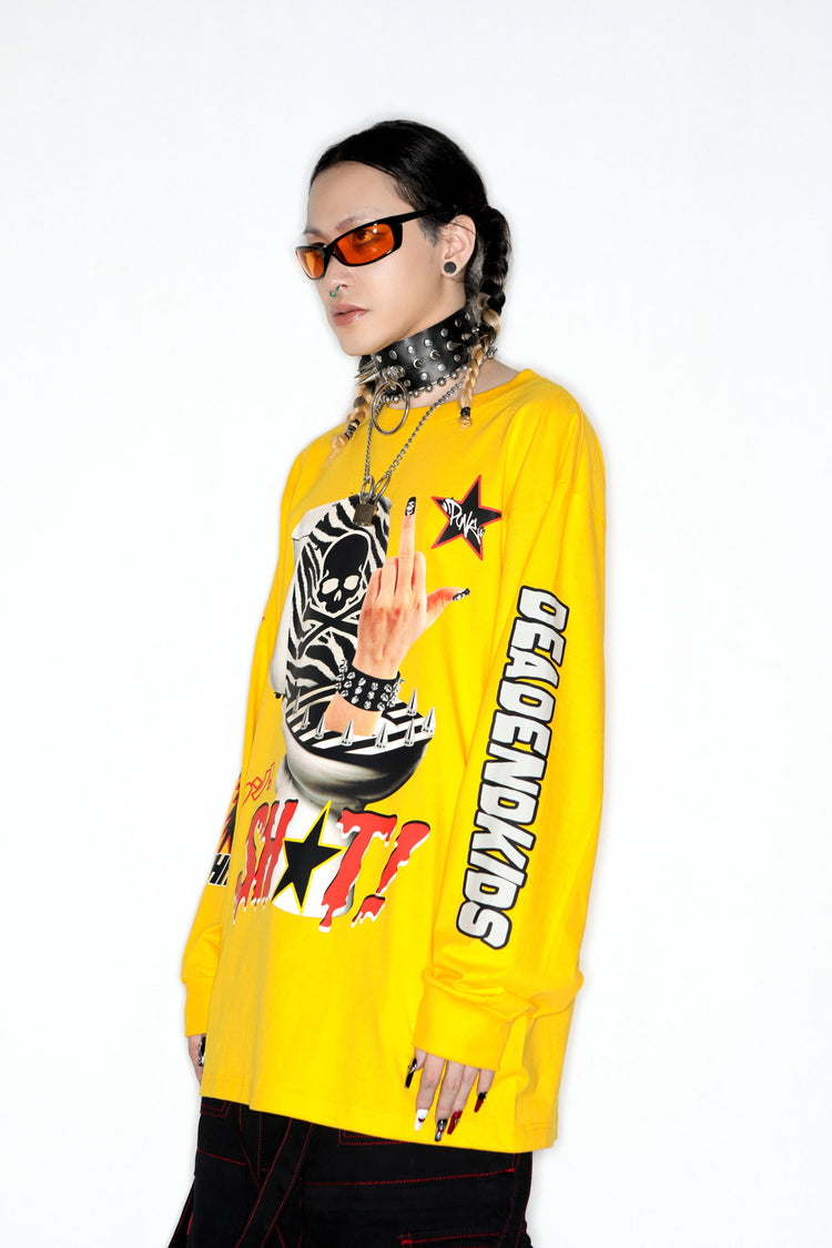 DEADENDKIDS MIDDLE FINGER oversized long-sleeve tee — full-length modeled view