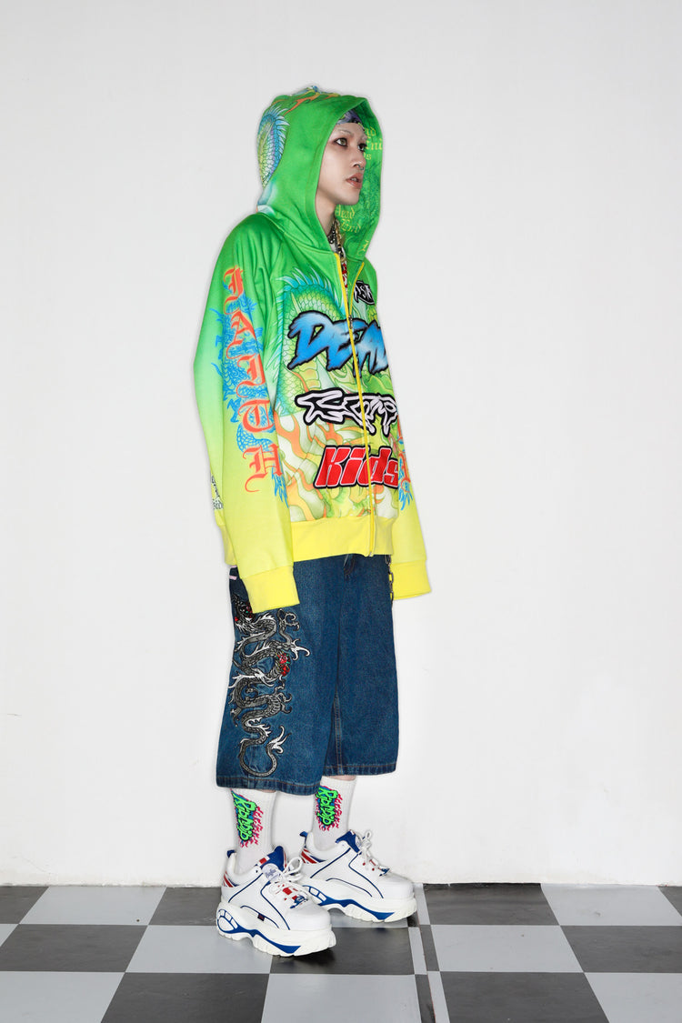 DEADENDKIDS DRAGON RIOT fleece zip hoodie — rear modeled view