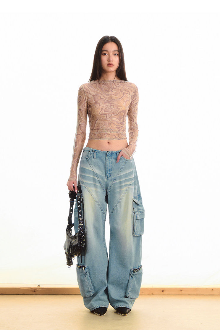 NAWS QUICKSAND striped sheer mesh tee — modeled detail view of the garment construction