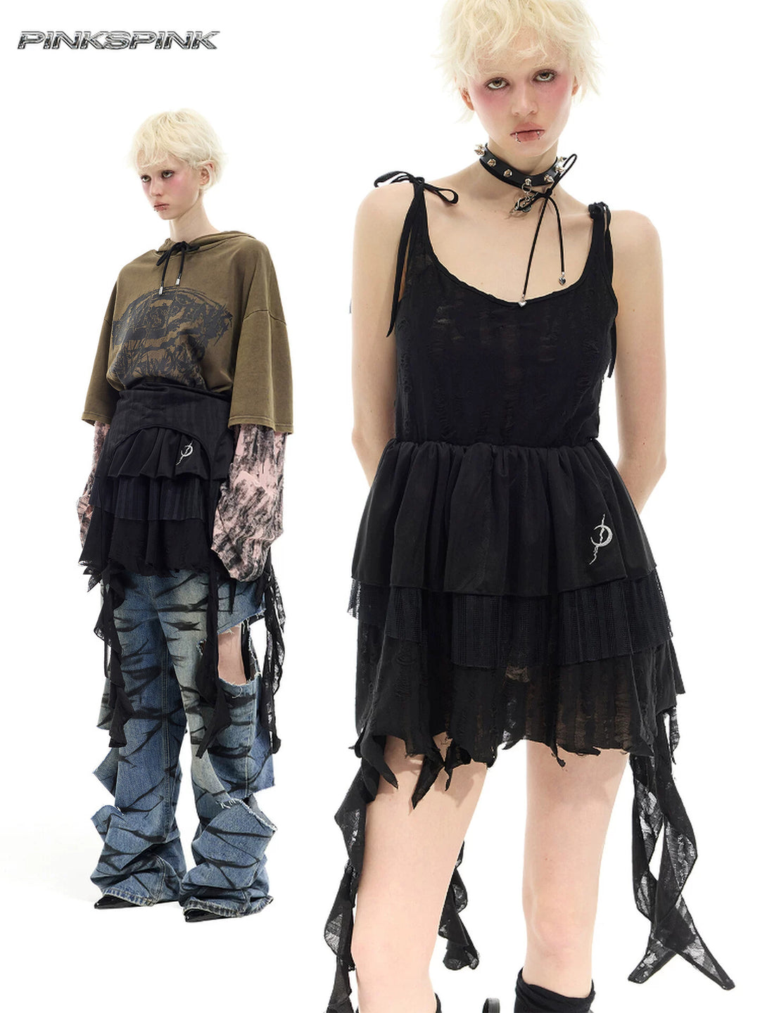 PINKSPINK ELECTRIC MOON two-way layered lace mini dress — black dress in two layered outfits — modeled collage