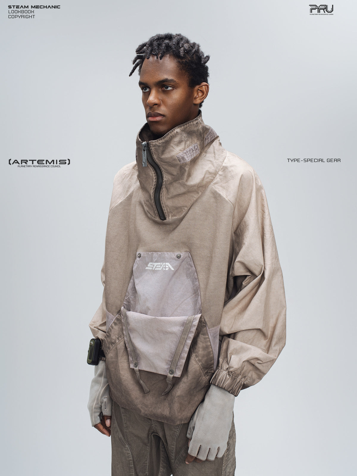 PIONEER venus orange detachable-pocket utility hoodie — side modeled view