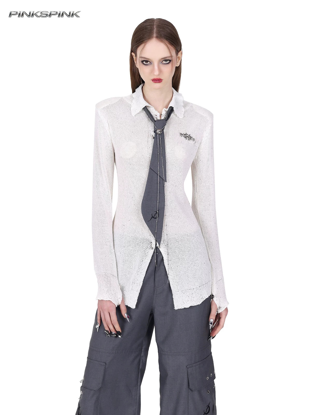 PINKSPINK ELECTRIC MOON ring-fastened sequin knit shirt in white — front modeled view showing the fitted waist and ring fastenings with a gray tie