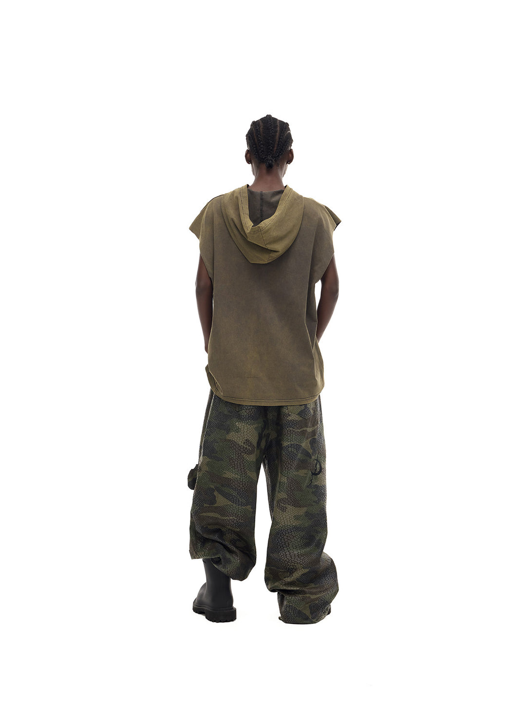 PINKSPINK COSMOS washed sleeveless hooded tee in olive green — rear full-length modeled view showing the plain back