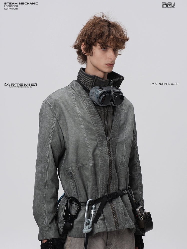 GAIA meteor gray open-collar technical robe — opposite three-quarter front modeled view