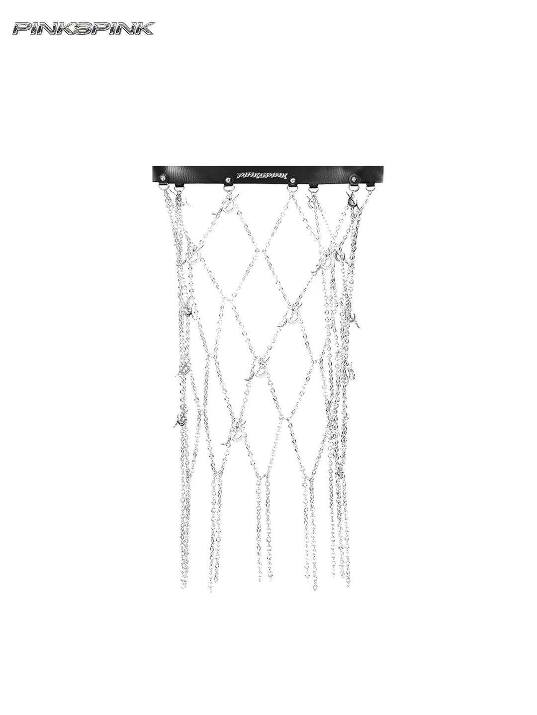 PINKSPINK ELECTRIC MOON diamond-chain belt skirt in black and silver — garment-only front view showing diamond chain lattice and hanging moon charms