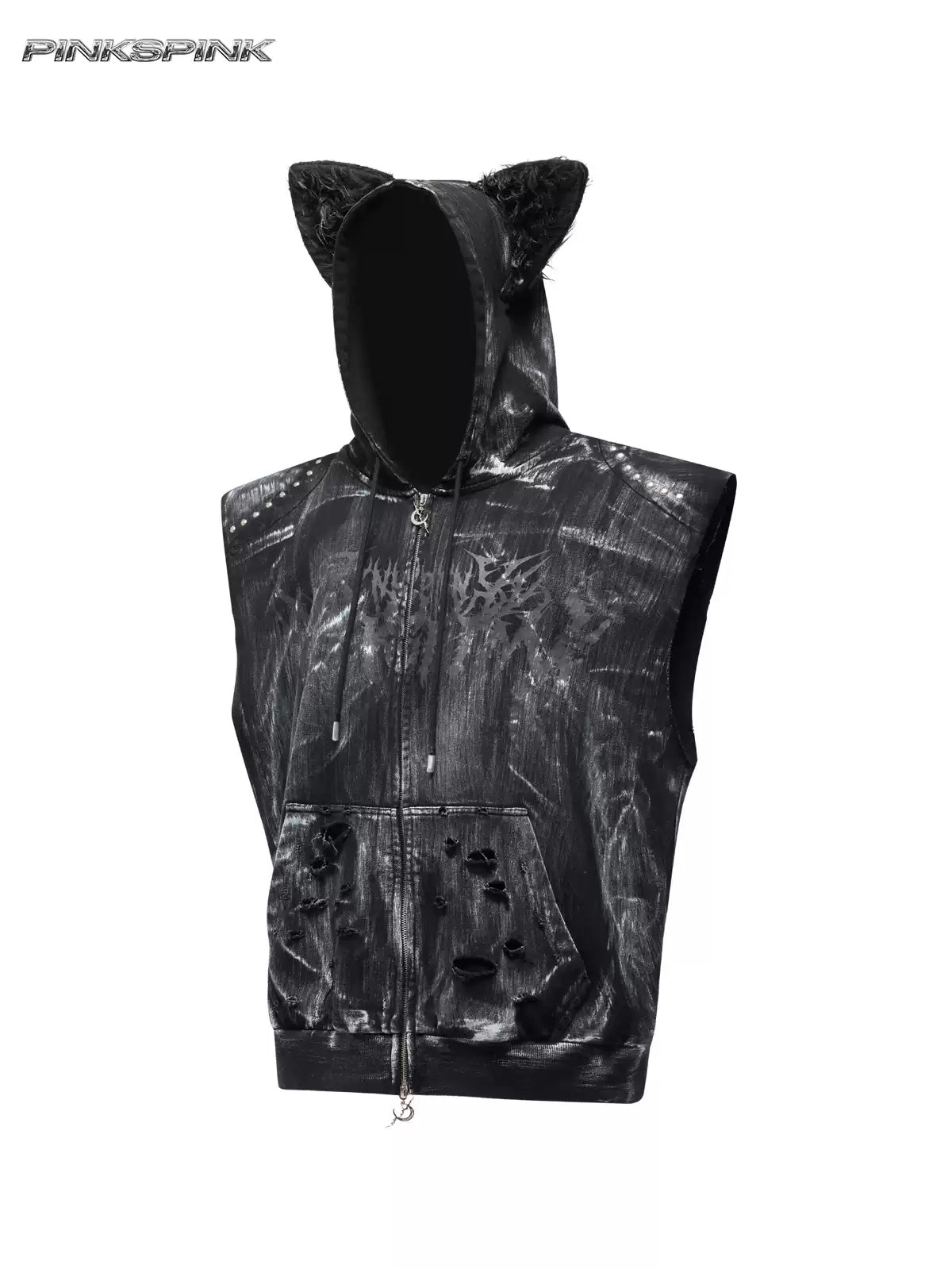 PINKSPINK ELECTRIC MOON studded cat-ear vest in black — front garment-only view showing the cat-ear hood and double-ended zip