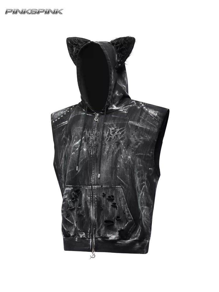 PINKSPINK ELECTRIC MOON studded cat-ear vest in black — front garment-only view showing the cat-ear hood and double-ended zip