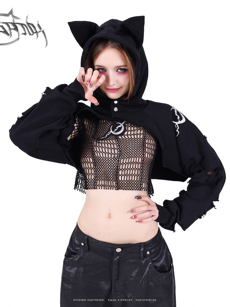 PINKSPINK GEOMETRY open-mesh crop tee in black — close-up styling view under a separate cat-ear cropped layer