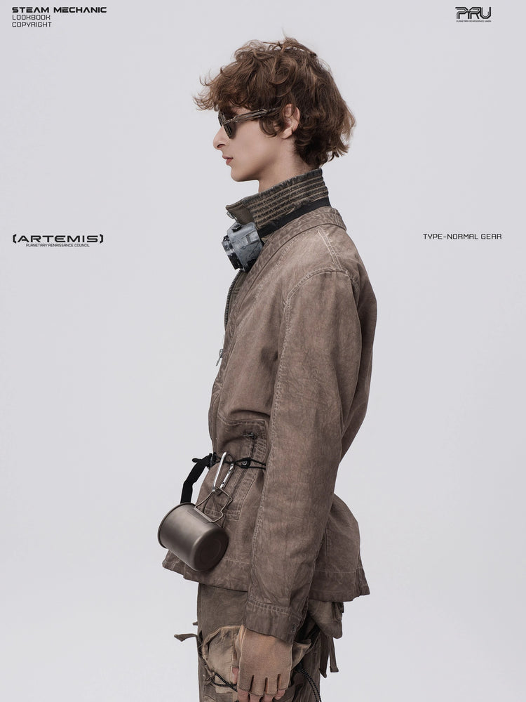 GAIA ochre brown open-collar technical robe — side profile modeled view facing left