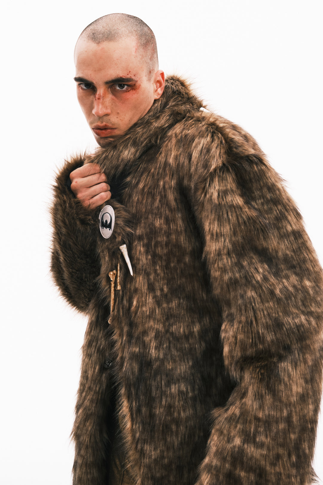 EMBRYO PRIMAL BONE mid-length faux-fur coat — rear modeled view