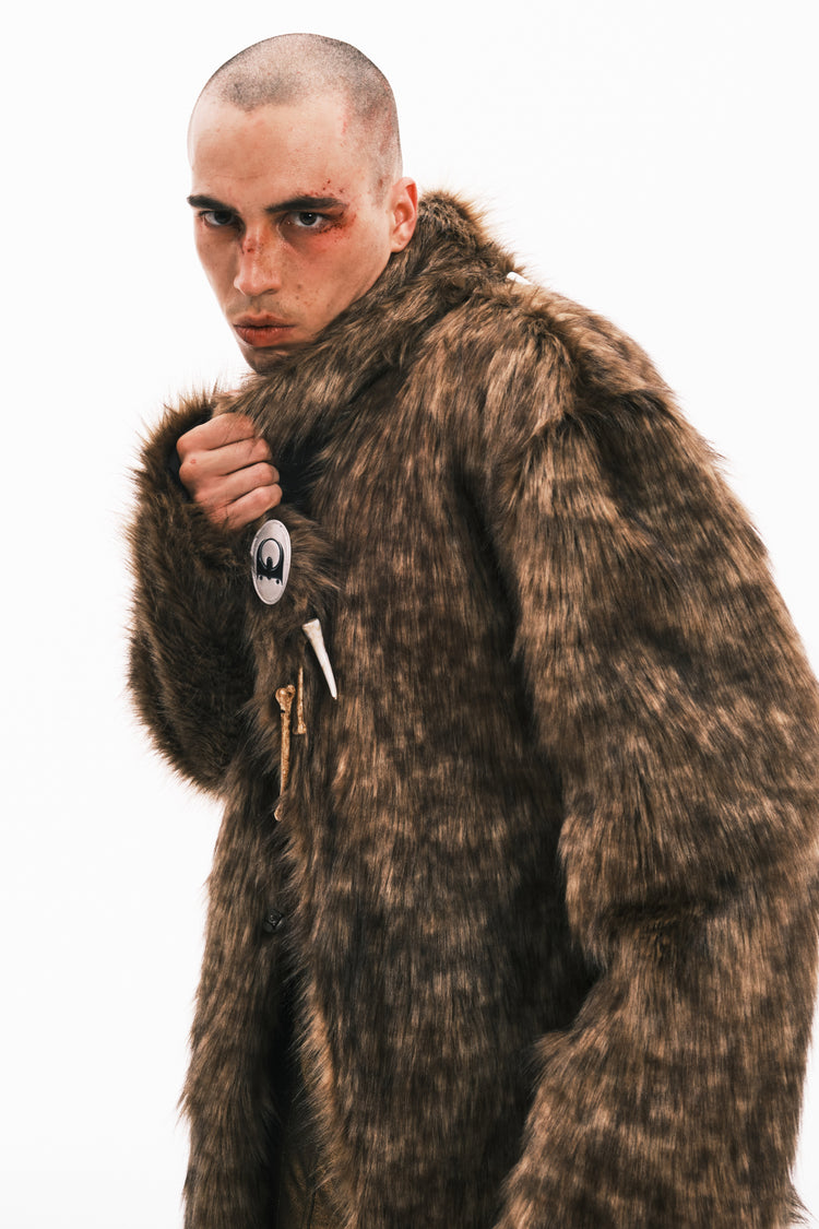 EMBRYO PRIMAL BONE mid-length faux-fur coat — rear modeled view