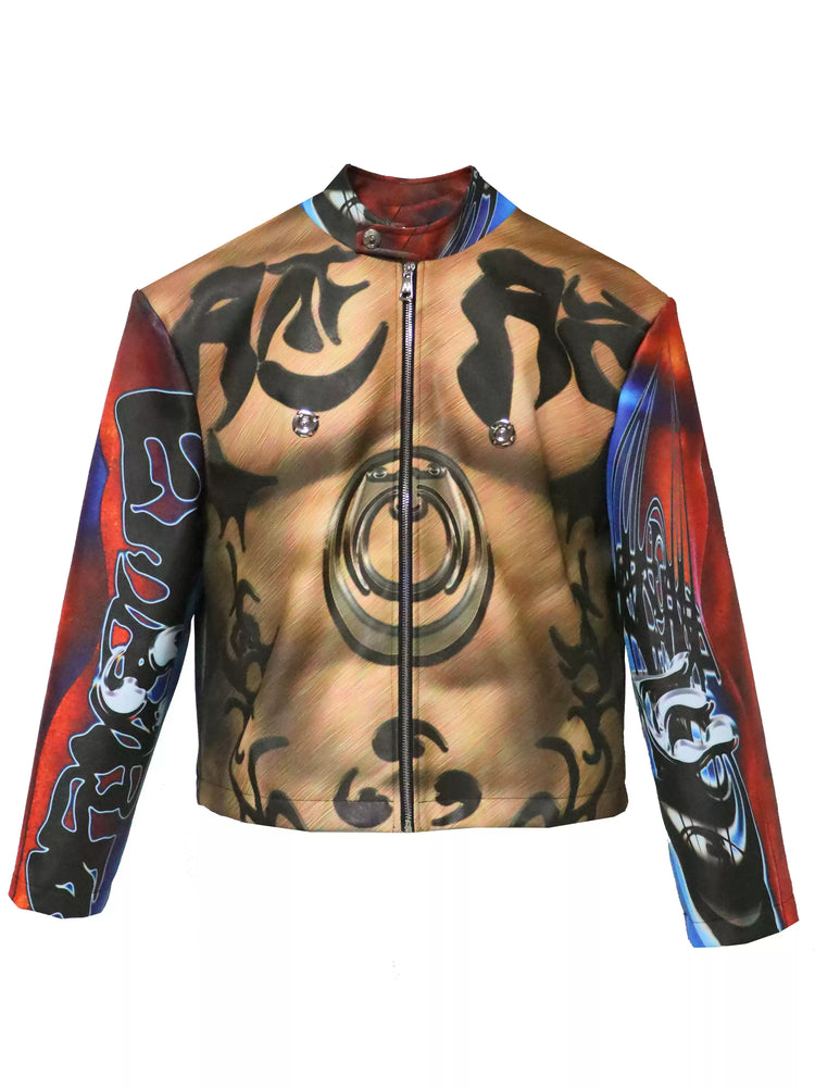 EMBRYO POWER TOTEM muscle-print PU leather jacket — front garment-only view